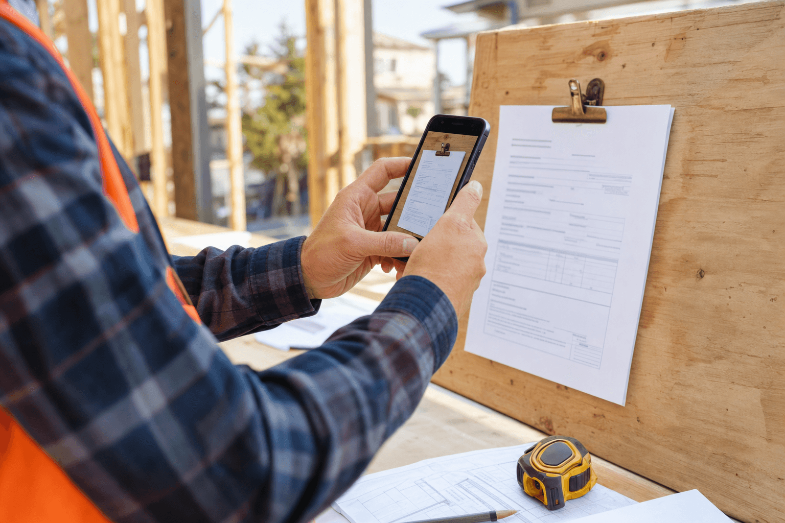 Entrepreneur photographiant un document sur un chantier